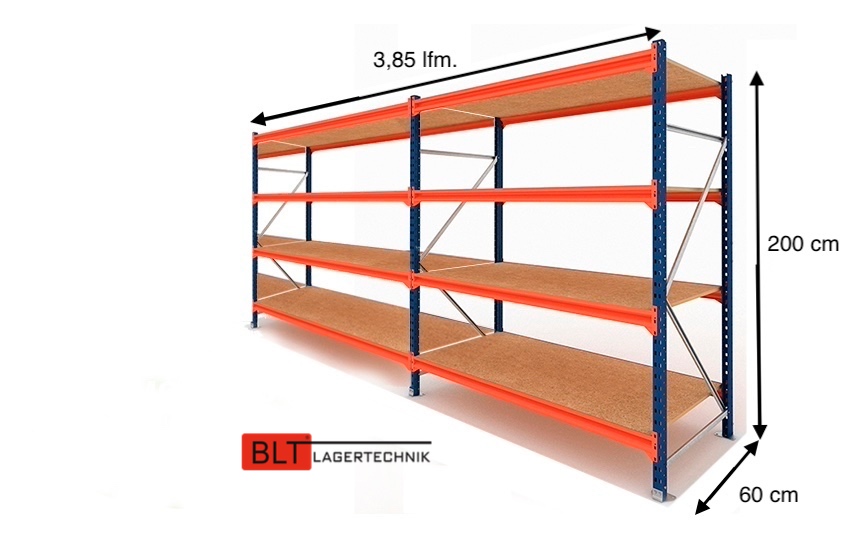 3,85 lfm Weitspannregale 60cm tief , 4 Ebenen, Werkstattregale , Lagerregale , Großfachregale , Handlager , Fachbodenregale